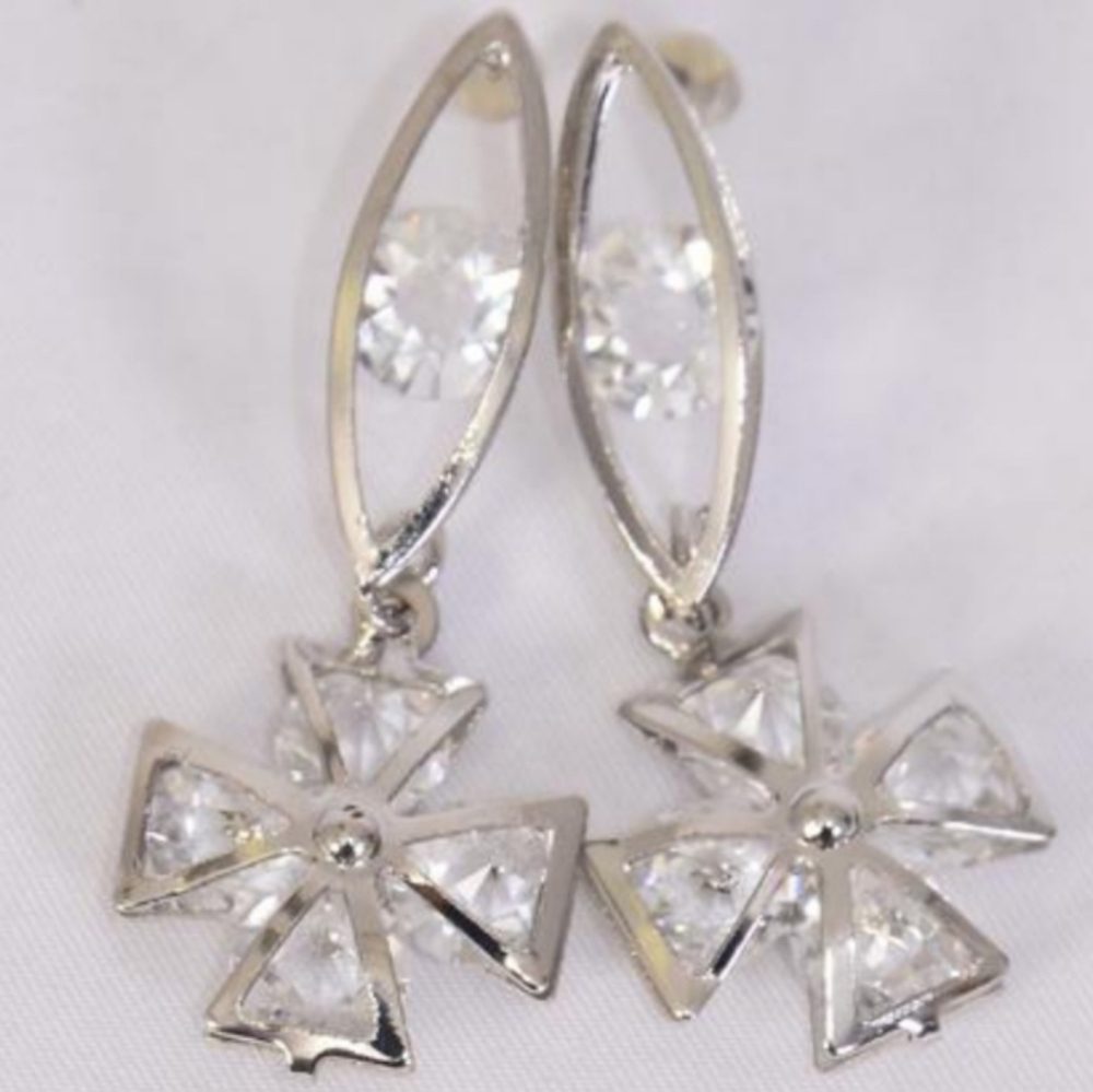 Cross Crystal Silver CZ dangle Earrings 1.75" long x0.75 wide Silvertone NEW